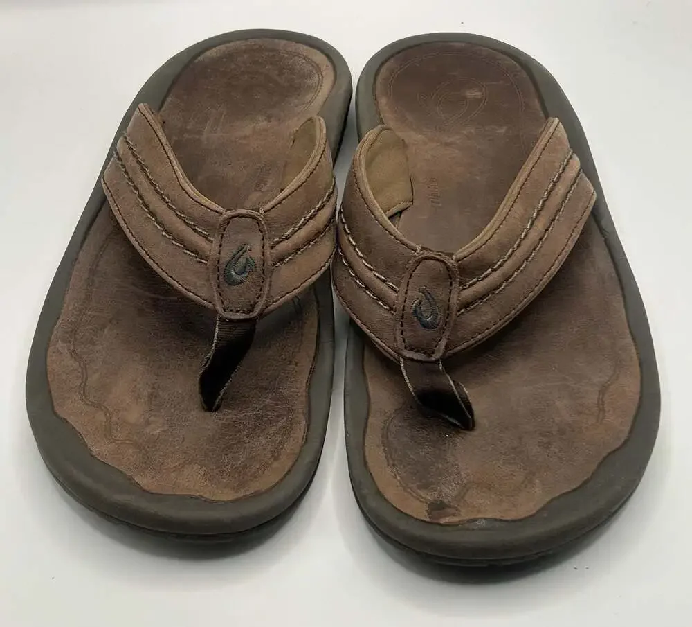 Olukai Hokua Men's Leather Flip Flops Sandals Brown Size 10